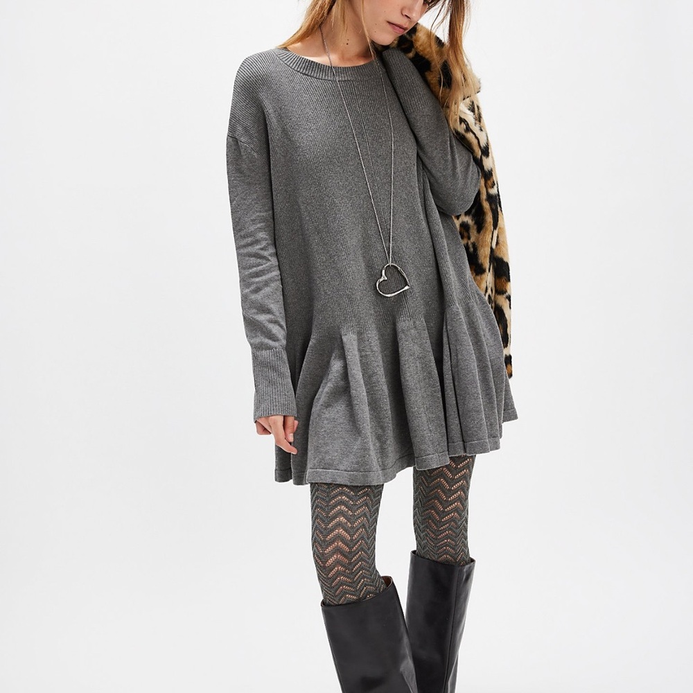 Free People Time On My Side Mini Sweater Dress L Gray Oversized Boho Cozy NWT